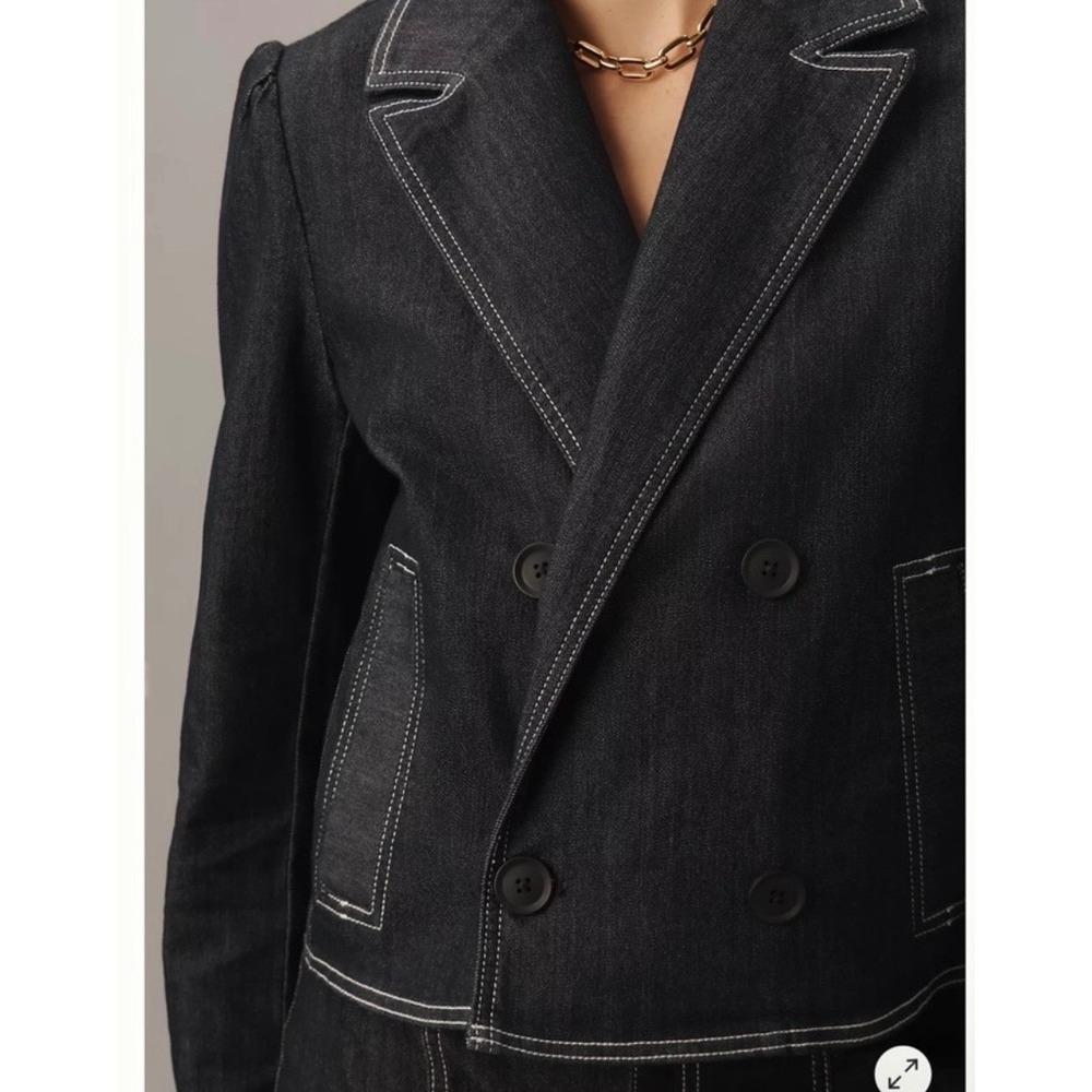 Maeve Anthropologie Denim Peacoat Jacket Dark Wash Contrast Stitch Cropped L